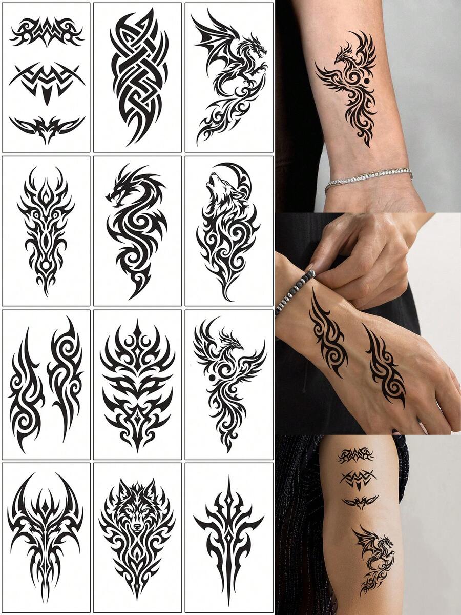 12pcs Totem Pattern Tattoo Stickers, Waterproof Men's Temporary Tattoos For Hand, Leg, Arm And Body Makeup, Wolf, Dragon Totem Fake Tattoo For Women, Hand Tattoo Suitable For Holiday, Daily Body Wear - Black - View 1
