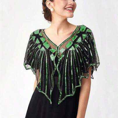 1pc 1920s Vintage Beaded Fringe Shawl Cape - Handmade Floral Pattern, Elastic Fit, Suitable For Weddings And Evening Parties, Vintage Charm Women's Accessory, Wedding Layering Piece | Sparkling Embellishment | Exquisite Embroidery, Can Be Paired With Dress And Coat