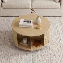 Round Coffee Table, Living Room Table, Vertical Relief Structure, Two Sliding Doors, MDF Frame, Metal Handles, Spherical Metal Feet, Four Separate Storage Compartments - 自然色 - 查看 7