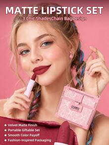 USHAS Matte Lipstick Gift Set, 3-Piece, 9-Color Velvet Smooth Lipsticks, Cute Chain Lace Mini Bag Packaging, Long-Lasting Full Coverage Nude & Red Lip Makeup Set, Suitable For Gifting - #C Rose Pink Series - View 2