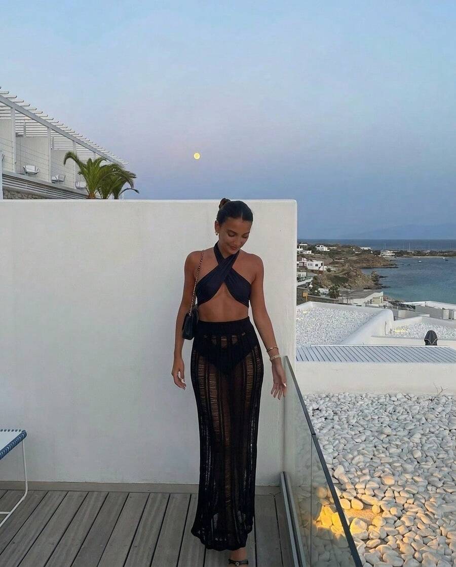 Women's Black Hollow Knit Long Summer Beach Skirt - Elegant Style For Parties, Resorts And Holidays - Black - View 1