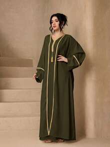 Set Jubah Panjang 3 Potong Warna Polos untuk Wanita, Jubah Panjang Tanpa Lengan Minimalis + Cardigan Abaya + Set Syal, Pakaian Muslim Lembut Ramah Kulit dan Melindungi dari Sinar Matahari - Olive Green - View 4