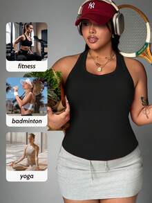 1pc Plus Size 2-In-1 Tank Top With Built-In Bra Pads, Racerback Design, Slimming, Quick-Dry, Casual Sports Yoga Camisole For Women, Suitable For All Seasons - Black - View 5