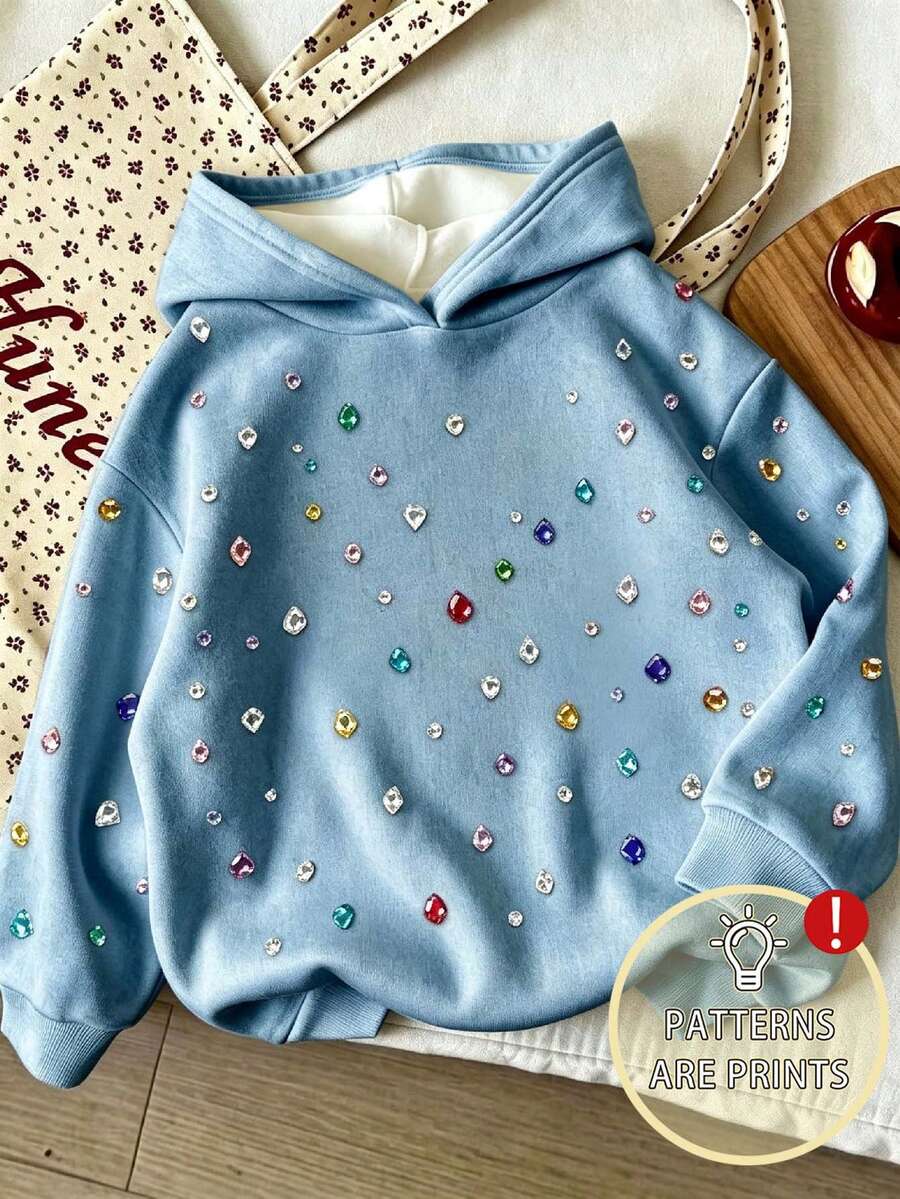 Young Girl Cartoon Pattern Warm Hooded Sweatshirt - Blue - View 1