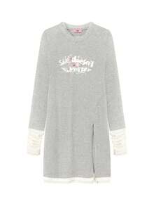 CHUU Women's 2 In 1 Patchwork Long Sleeve T-Shirt, Autumn Letter Print Split Hem Mid-Length Top - Grey - View 6