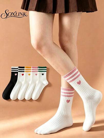 5 Pairs Women's Cute Heart Mid-Calf Socks, Colorful Striped Women's Mid-Calf Socks, Comfortable Soft Student Socks, Sweet Preppy Style Daily Casual Socks