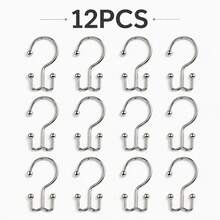 12pcs Double Hook Shower Curtain Rings, Mountain-Shaped Design, Multi-Functional Metal Hooks For Home Use - Silver - View 5