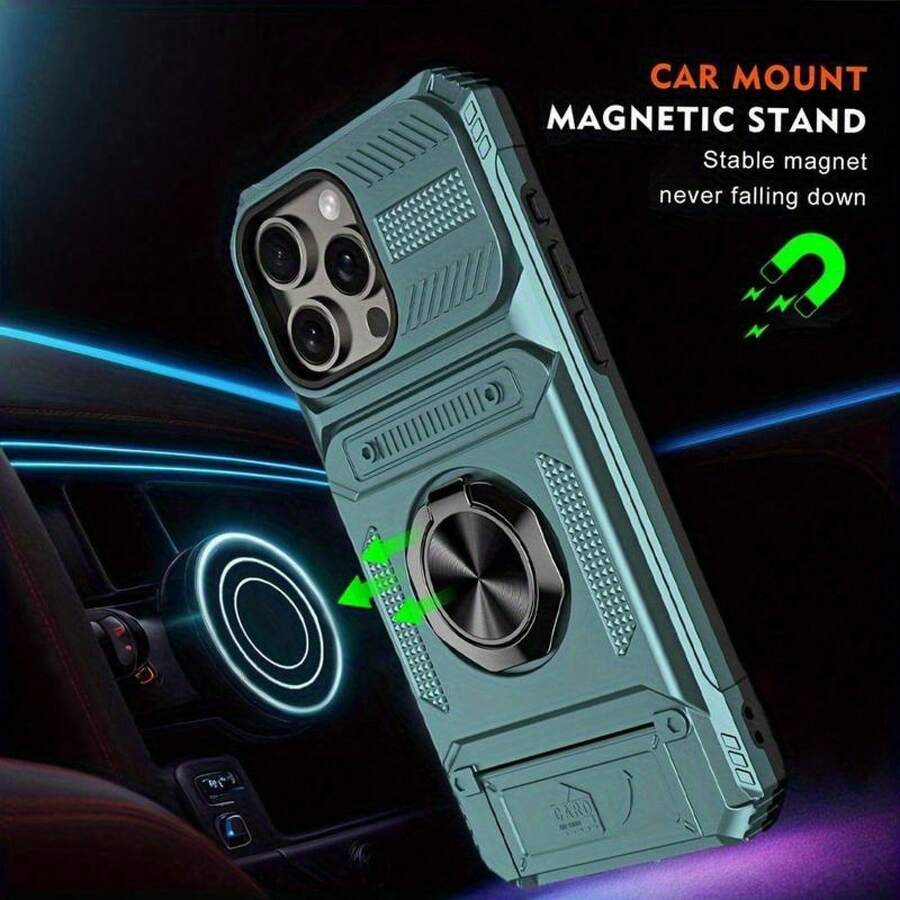 [24h Shipping From DE/FR/ES] Phone Case: Shockproof With Card Slot, Compatible With IPhone 17/17 Air/17 Pro/17 Pro Max, 16 Pro Max/15 Pro/14 Plus/13 PM/12/11 Mini And Other Models. Also Suitable For IPhone 17 Series Models With Card Slot Function. Includes Ring Stand - 墨綠色 - 查看 1