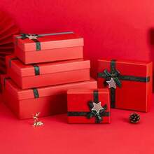 Christmas, New Year Holiday Multi-Piece Red Gift Boxes Set With Dark Green Ribbon Bows And Star Ornaments, Suitable For Indoor Living Room, Fireplace, Tabletop, Yard Gate, Christmas Tree And Other Holiday Decoration Gift Packaging - View 1