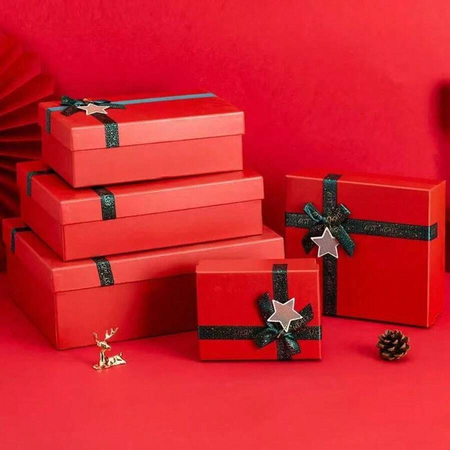 Christmas, New Year Holiday Multi-Piece Red Gift Boxes Set With Dark Green Ribbon Bows And Star Ornaments, Suitable For Indoor Living Room, Fireplace, Tabletop, Yard Gate, Christmas Tree And Other Holiday Decoration Gift Packaging - View 1