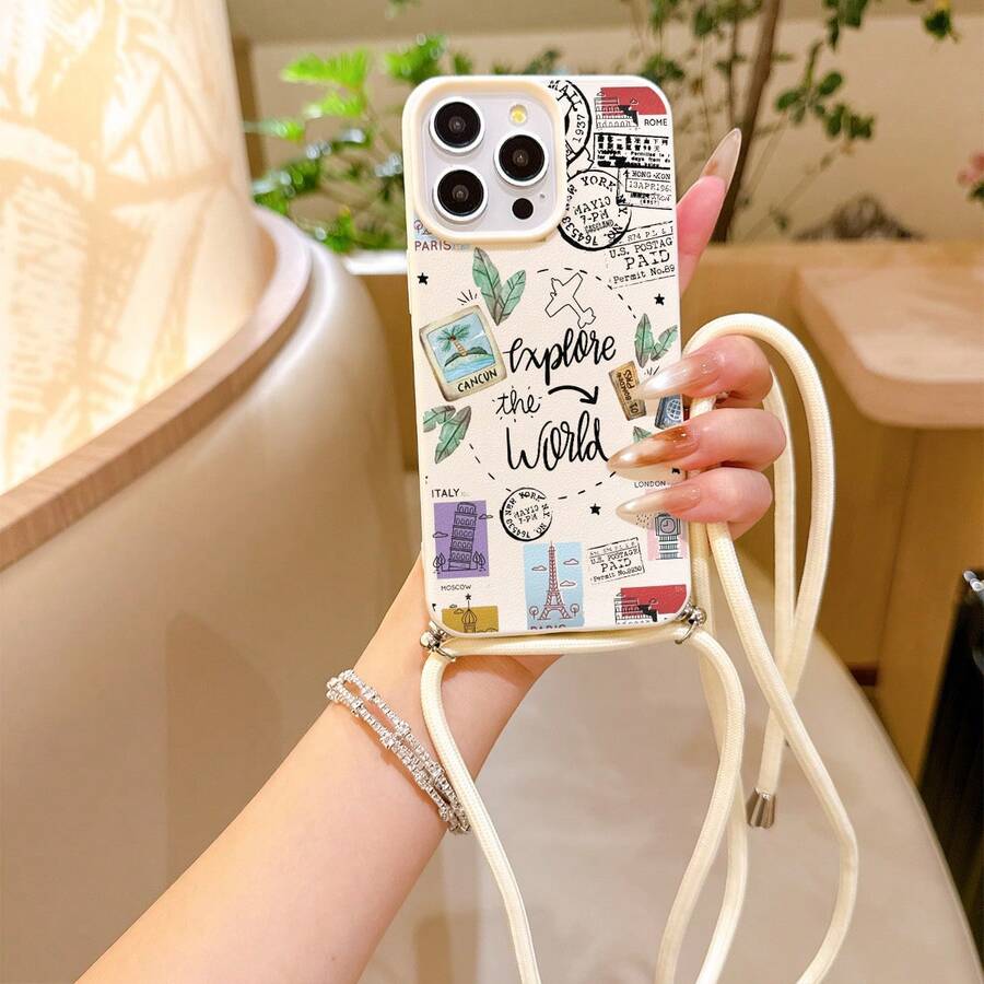 Convenient Lanyard Phone Case With Multi-Functional Adjustable Lanyard And Crossbody Shoulder Strap, Leather Texture Beige New Minimalist Airplane Travel Line, Easy And Convenient TPU Anti-Drop Protective Case For Apple Phone - Antique White - View 1