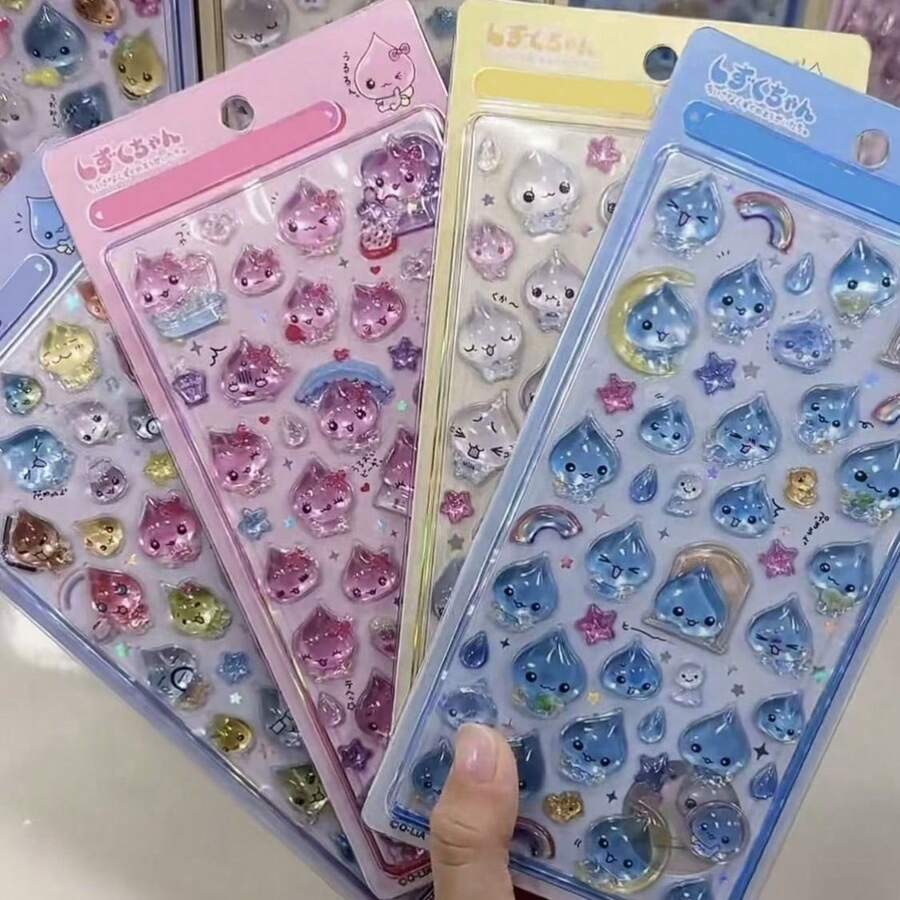 1pc 3D Embossed Water Drop Sticker (Optional Color) Cute Water Drop And Bubble Shaped Sticker With Holographic Details (Pink/Blue/Yellow/Multicolor Theme) Crystal Clear Hard Cartoon Candy Sticker Glossy PVC Waterproof Self-Adhesive Sticker Dopamine Girl Planner DIY Phone Case Decoration Sticker Suitable For Back To School, Birthday Party And Spring/Summer Creative Projects | Cute Stationery Sticker For Children, Teenagers And Girls - Multicolor - View 1