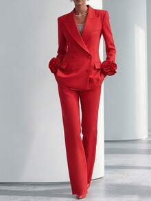 Spring/Autumn Women's Urban Elegant Solid Color Long Sleeve Blazer With 3D Floral Cuff Decor, Double-Breasted Jacket And Straight Leg Pants Red Fall - Red - View 3