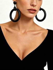 1 Pair Women's Minimalist Exquisite Vintage European & American Style Double-Layer Thick Tube Oversized Round Hoop Long Dangle Earrings, Mirror Glossy Black Ball Stud Connected To Multi-Layer Thick Hollow Large Circle Geometric Long Ear Pendants, Suitable For Banquet, Daily, Beach Vacation, Fashion Wear - Black - View 3