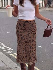 Women's Elegant Slim Fit Floral Print Vacation Maxi Skirt - Brown - View 4