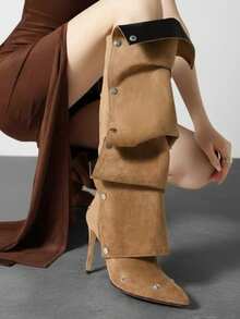 Folded Cuff Rivet Stacked Thin Heel Tall Boots 2026 New Plus Size Punk Street Style Women's Shoes - Khaki - View 6