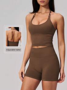 NcmRyu Women's One Set Solid Color Halter Neck Backless Tank Top Wide Ribbed High Waist Tight Shorts Sports Outfit - Brown - View 11