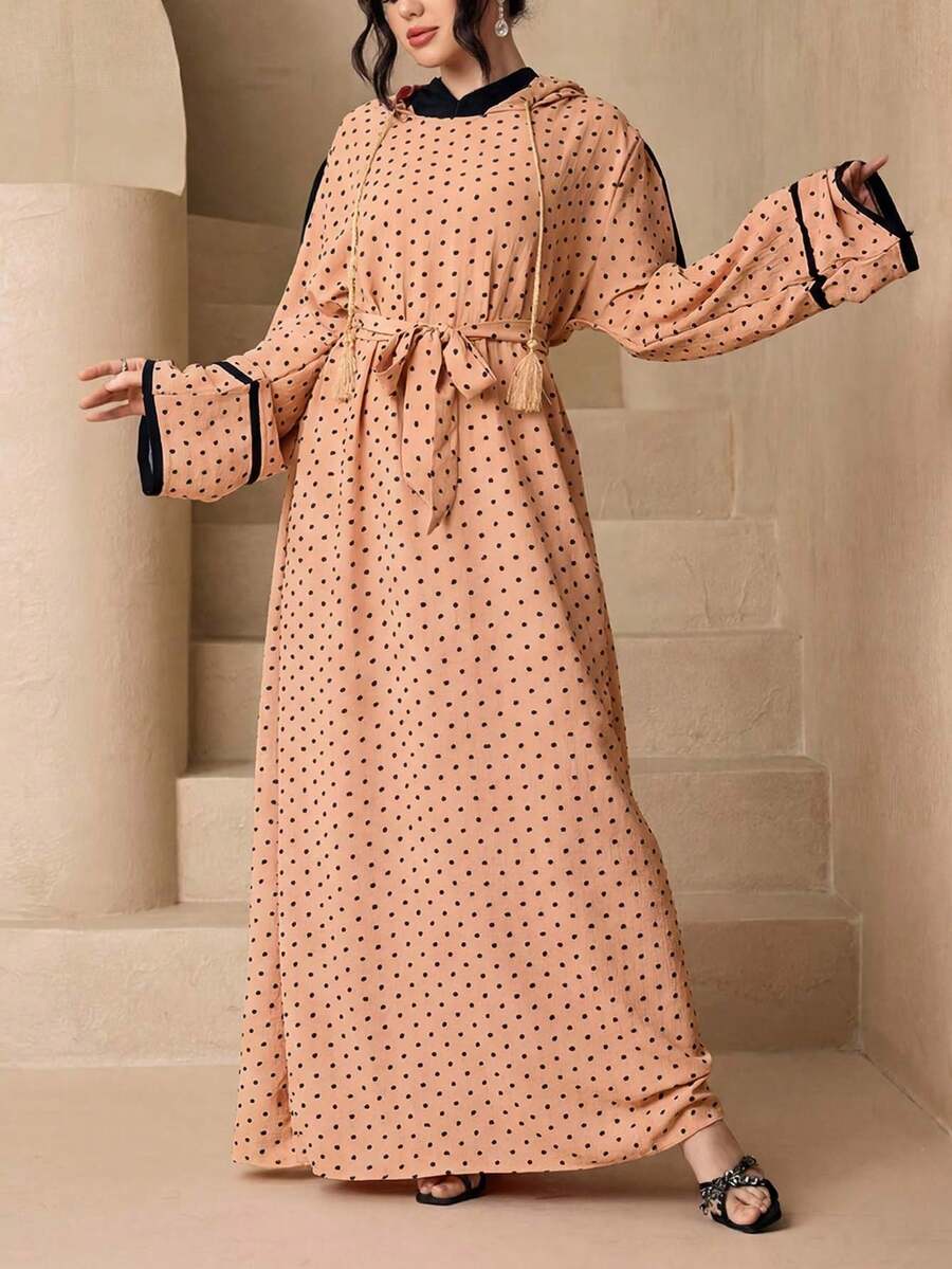 時尚百搭波點連帽長款罩衫 2 件組 女款優雅柔軟 Abaya 外罩袍 + 腰帶套裝 防曬穆斯林服飾披肩 - 駝色 - 查看 1