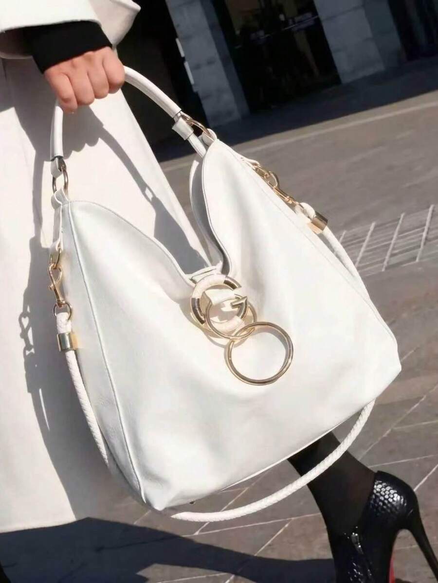 女款大容量白色波希米亞風單肩包,極簡軟仿皮托特手提包,金色圓環裝飾,適合日常通勤與休閒使用 - 白色 - 查看 1