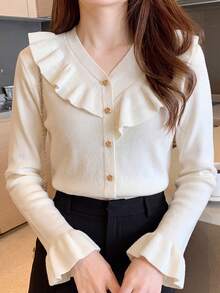 優雅青春風女款 V 領長袖針織上衣 荷葉邊修身毛衣 秋冬保暖內搭層 - 杏色 - 查看 7