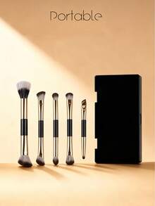 4/5pcs Solid Black Dual-Ended Makeup Brush Set, Minimalist Style Synthetic Fiber Material Multi-Shape With Built-In Mirror Case Detail, Multi-Scene Blending Function Travel Makeup Brushes Kit, For Daily Make-Up Dating Trip All Season Beauty Use - Multicolor - View 8