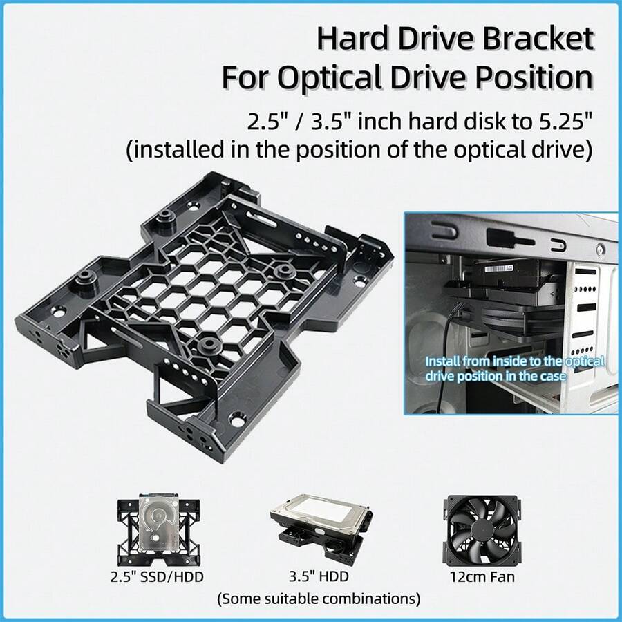 5.25" Optical Drive Bay To 2.5"/3.5" HDD SSD Adapter Mounting Bracket, ABS Hard Disk Conversion Tray With Cooling Fan Mount For Enhanced Heat Dissipation Desktop PC Hardware Upgrade - View 1
