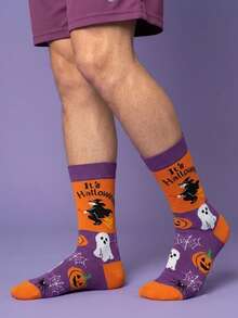 1 Pair Men's Fun Pattern Halloween Mid-Calf Socks, Witch Ghost Pumpkin Spider Design, Autumn/Winter Style, Gift For Boyfriend Son Husband - Multicolor - View 3