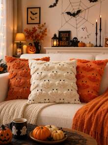 1pc Halloween Pillow Case, Cute Bat Pattern, Spooky Embroidery Design, Soft Plush Faux Wool Cushion Cover, Autumn Home Decor Gift, Suitable For Sofa, Chair, Bedroom - Beige - View 7