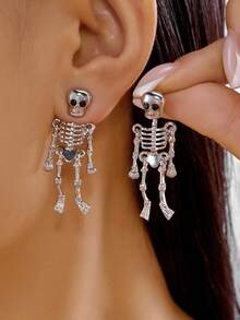 1 Pair Dark Gothic Halloween Skeleton Bone Tassel Earrings - Silver - View 5