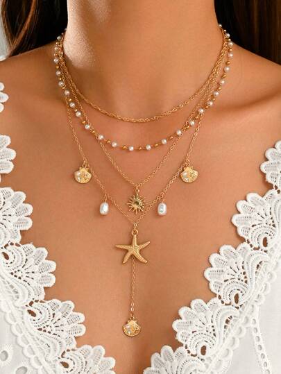 4pcs/Set Elegant Design Faux Pearl Handmade Necklace Multi-Layer Stackable Gold Starfish Shell Pendant Sun Pendant Decorative Necklace Popular Women's Neck Jewelry Suitable For Daily Wear And Beach Vacation Party Wear Chain Length Cut By Section Not Fixed