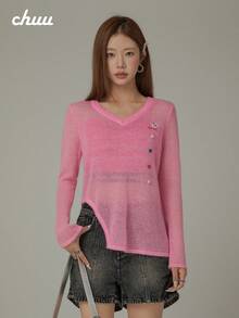 CHUU Sweater Rajut Bordir Huruf Hati Wanita Musim Gugur Tipis Asimetris Belahan Leher V - Berwarna merah muda - View 1