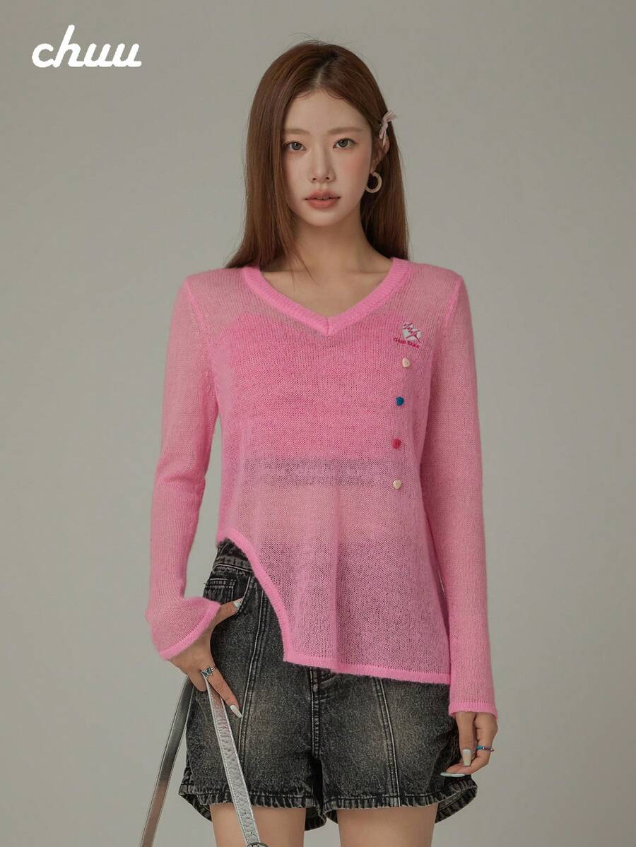 CHUU Sweater Rajut Bordir Huruf Hati Wanita Musim Gugur Tipis Asimetris Belahan Leher V - Berwarna merah muda - View 1