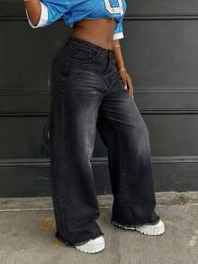 Women's Vintage Frayed Hem Wide Leg Denim Jeans - Black - View 3