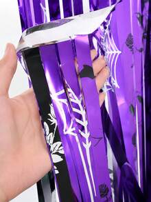 1/2pcs 1m X 2m Black & Purple Halloween Foil Fringe Curtain, PET Metallic Sequin Backdrop With Spider Web, Bat, Haunted House Print, Self-Adhesive Door Wall Photo Booth Decoration Fringe, Suitable For Party Entrance, Home Bar Room Holiday Scene Decor - Rain Curtain - View 5