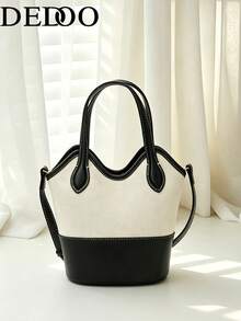 Dedoo Two Tone Canvas PU Bucket Handbag, Color Block Top Handle Crossbody Purse, Minimalist Daily Shoulder Bag For Back To School Work Shopping - Black - View 8