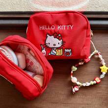 SANRIO 1 Piece Red Embroidered Hello Kitty Polka Dot Bow Decor Waterproof Nylon Large Capacity Zipper Closure Cute Cartoon Girl Style Cosmetic Bag, - Multicolor - View 7