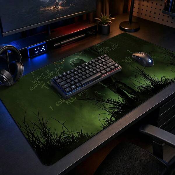 Deep Green Grassland Balance Scale Melancholy Boy Large Extended Gaming Mouse Pad, EMO Quote Melancholy Portrait Wide Desk Mat, Thick Stitched Edge Anti-Slip Waterproof Keyboard Pad, Dark Gloomy Emotional Decorative Mat, Suitable For PC Gamers, Laptops, Office