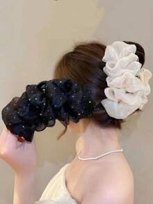 1pc Elegant Starry Rhinestone Chiffon Hair Claw Clip, Multi-Layer Ruffle Glitter Hair Clip For Women - Beige - View 4