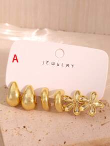 Juego de 6-18 piezas de pendientes vintage de oro brillante, perla, flor, retorcido, hoja, gota de agua, aro en C, juego de pendientes de metal versátil, esencial para uso diario & festivo - Dorado - Ver 7