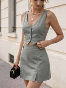 Women's Casual Two Piece Set, Button Front Vest, Slit Shorts And Skirt, Solid Color - 灰色 - 查看 1