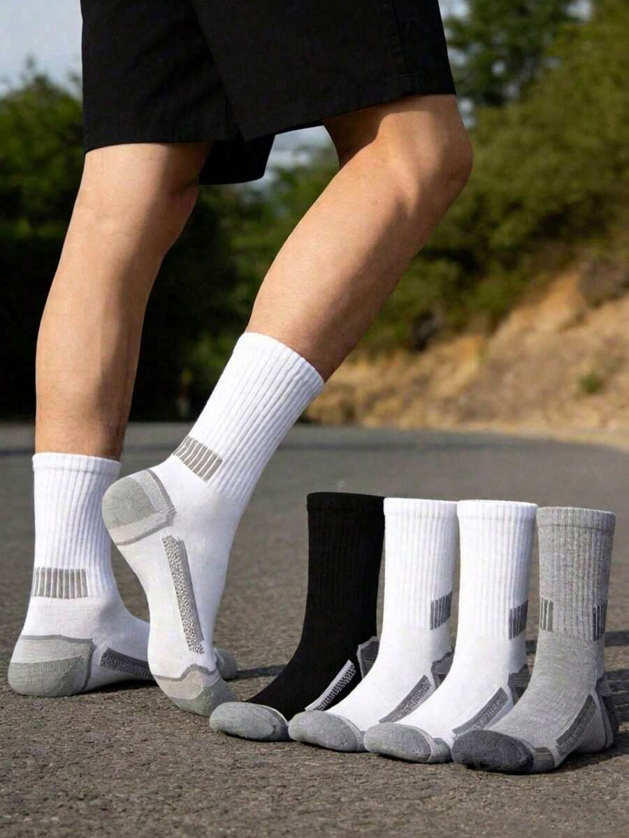 10 Pares de Meias Esportivas Masculinas Pretas, Brancas e Cinzas de Cano Médio, Meias Atléticas Acolchoadas Antiderrapantes, Meias de Cano Médio Listradas, Adequadas para Basquete, Corrida, Academia, Uso Diário - Multicolorido - Visão 1