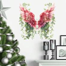 Bohemian Floral Green Plant Pink Angel Wings Wall Sticker, Vintage Watercolor Feather Vine Wall Sticker, Self-Adhesive Art Wallpaper Suitable For Bedroom/Living Room/Door/Sofa Background/Living Room Background Photo Booth Decoration, Christmas/Holiday Party Atmosphere Decor - Wall Sticker - View 1