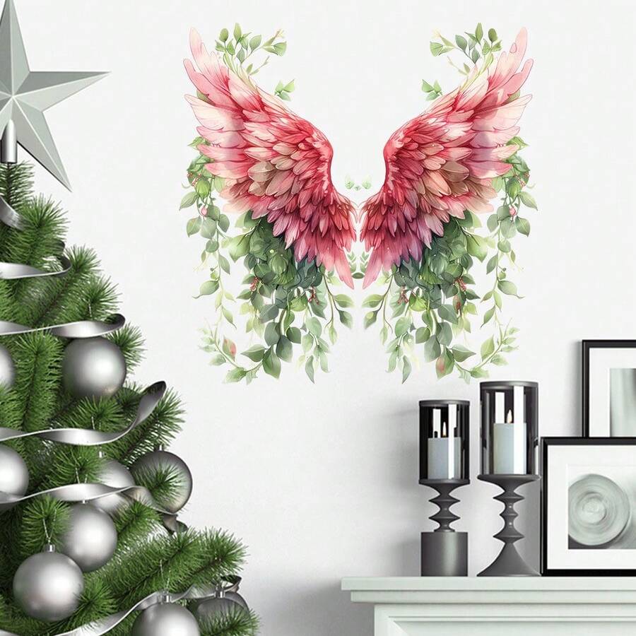 Bohemian Floral Green Plant Pink Angel Wings Wall Sticker, Vintage Watercolor Feather Vine Wall Sticker, Self-Adhesive Art Wallpaper Suitable For Bedroom/Living Room/Door/Sofa Background/Living Room Background Photo Booth Decoration, Christmas/Holiday Party Atmosphere Decor - Wall Sticker - View 1