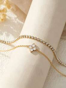 2pcs Fashion Lucky Clover Zirconia Inlaid Premium Layered Versatile Bracelet - 2pcs Gold - View 2