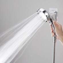Silver Handheld Shower Head Set With On/Off Button, Flexible Hose And Adhesive Wall Mount, Bathroom Accessory - Shower Head - View 5
