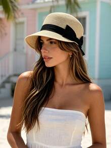 1pc Women's Bohemian Fashion Straw Bow Equestrian Hat, Sun Protection Summer Beach Hat, Suitable For Vacation, Daily Wear And Beach - Multicolor - View 1