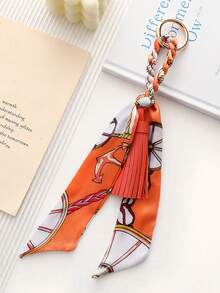 1pc French Style Tassel Scarf Keychain, Luxury Fashion Ribbon Bow Bag Charm, Scarf Tassel Pendant Key Ring, Car Key Decorative Hanging Ornament - Multicolor - View 21