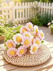 6 piezas Ramo de margaritas de ganchillo hecho a mano, arreglo floral artificial realista, flores de tela blancas y amarillas encantadoras, colores vibrantes, versátil para decoración estacional del hogar, coche, oficina - Ideal para el Día de San Valentín, Día de la Madre, Acción de Gracias, Boda, - Multicolor - Ver 2