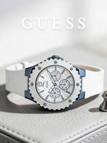 Guess Women's Multifunction Quartz Watch White Silicone Strap Blue Bezel Textured Dial Accessory Suitable for Road Trips and Travel Adventures - 白色 - 查看 4