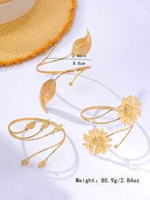 1pc Vintage Metal Sunflower Leaf Open Arm Cuff Bracelet, Niche High-End Style, Vacation Hot Girl Arm Accessory - Golden Yellow - View 2